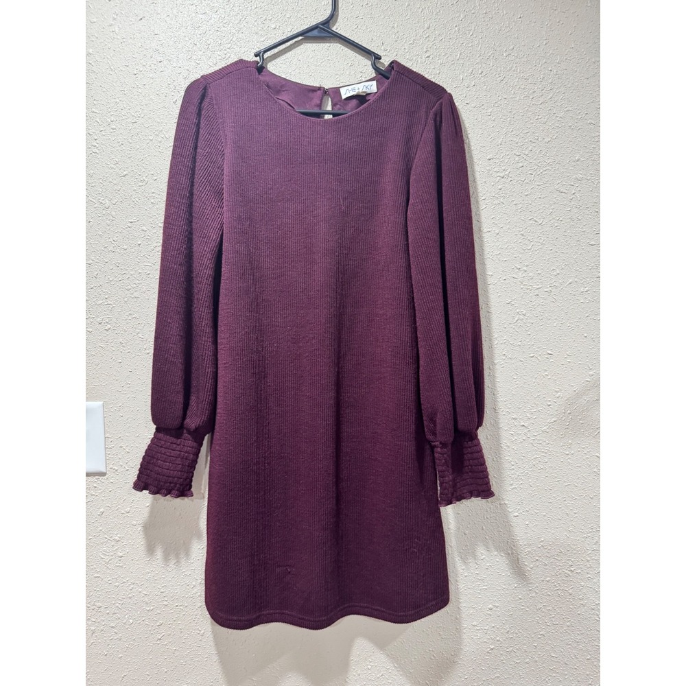 She + Sky Burgundy Rib Knit Mini‎ Dress Puff Sleeve Smocked Cuff Womens Small